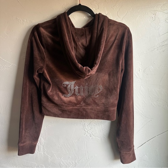 Juicy Couture Tops - Juicy Couture Brown Velour Hoodie Rhinestone Y2K Cropped Full Zip Sz S